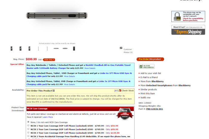 Смартфон BlackBerry DTEK60 замечен в одном из онлайновых магазинов; стала известна его цена