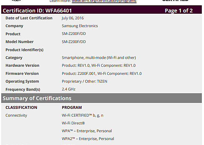 Смартфон Samsung Z2 прошел сертификацию в организации WiFi Alliance